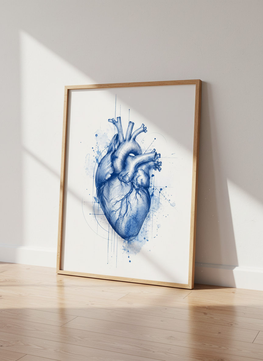 Anatomical Heart Wall Art | Blue Watercolor Ink Sketch, Medical Office Decor