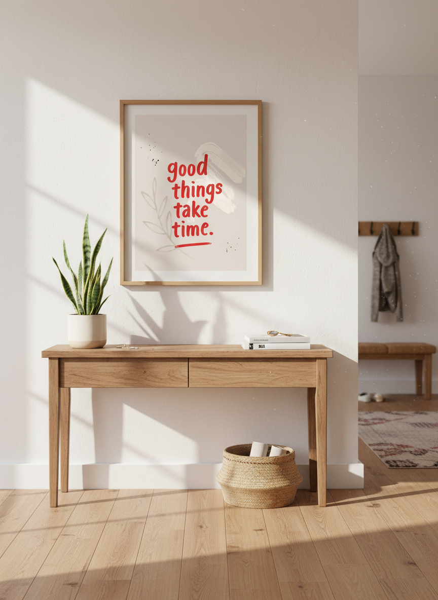 Good Things Take Time | Motivational Quote Wall Art, Beige Red Decor, Positive Vibes
