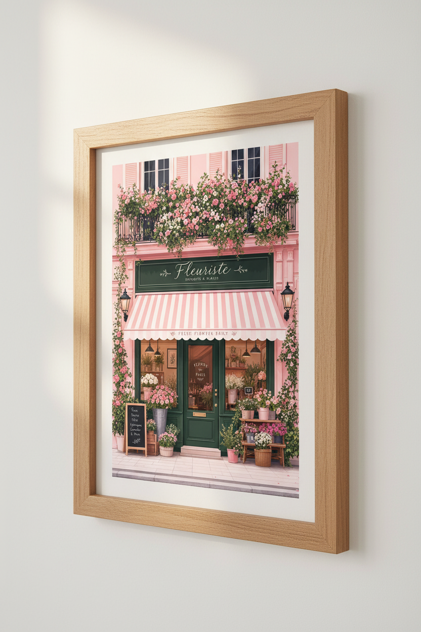 Parisian Flower Shop Wall Art | Pastel Pink French Floral Decor, Botanical Poster Print