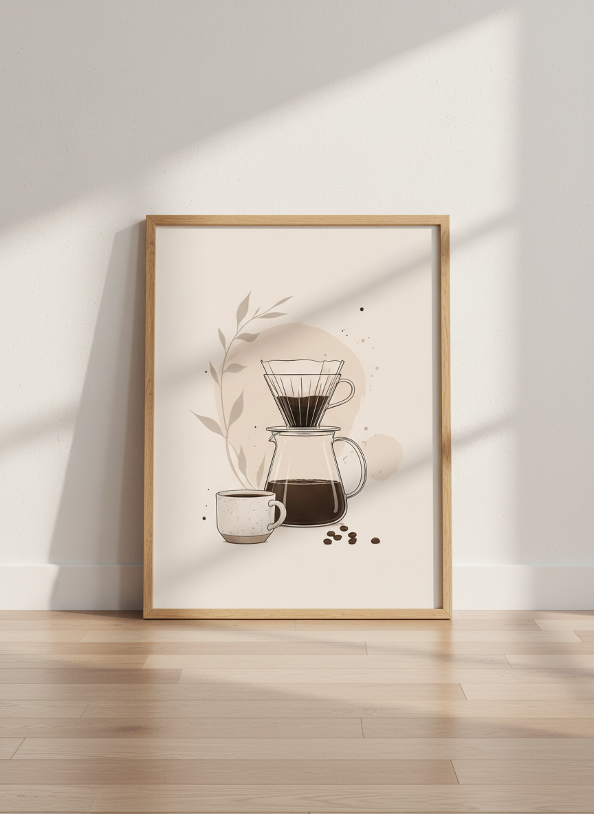 Minimalist Pour Over Coffee Art | Neutral Beige Kitchen Decor | Barista Poster