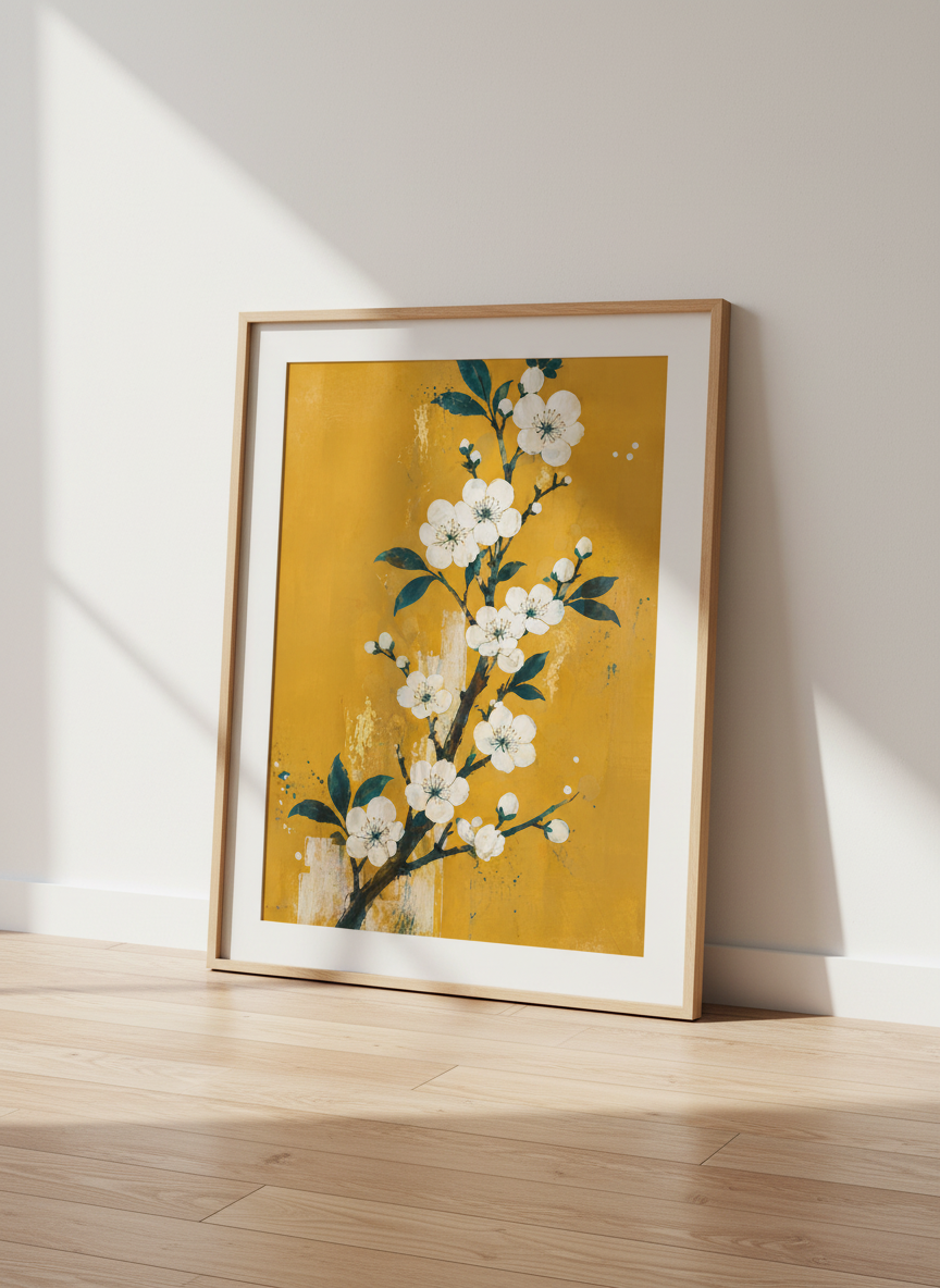 White Cherry Blossom Wall Art | Yellow Botanical Flower Poster | Zen Boho Room Decor
