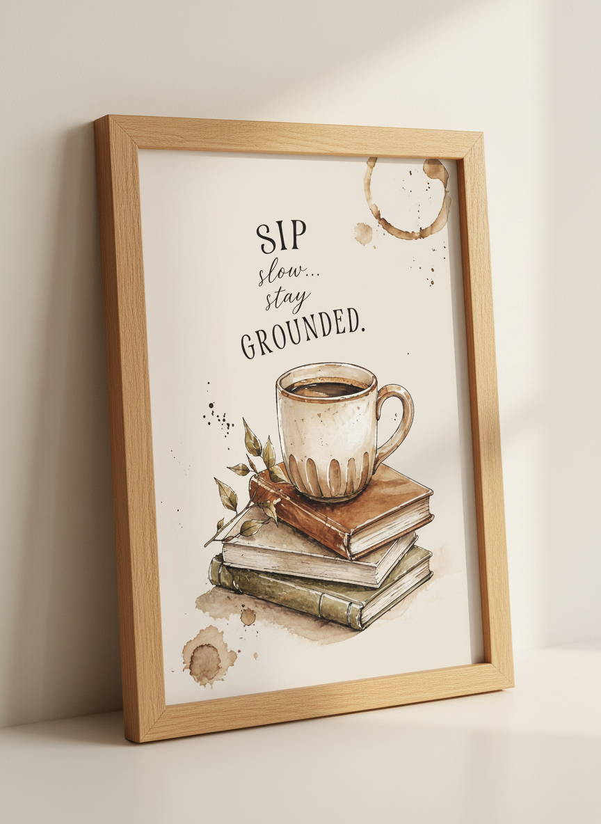 Sip Slow Stay Grounded Coffee Poster | Neutral Brown Cozy Kitchen Decor Art Print