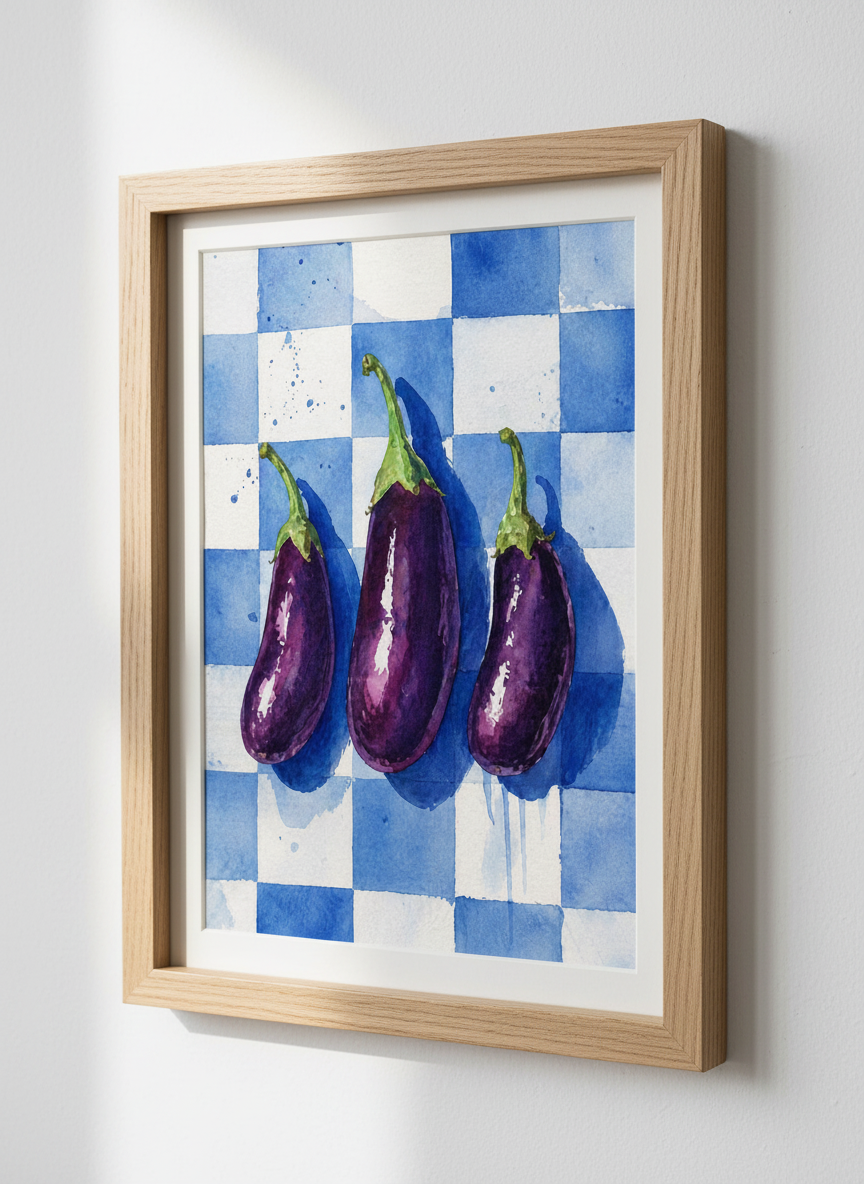 Eggplant Watercolor Print | Purple Kitchen Wall Art, Blue Checkered Poster