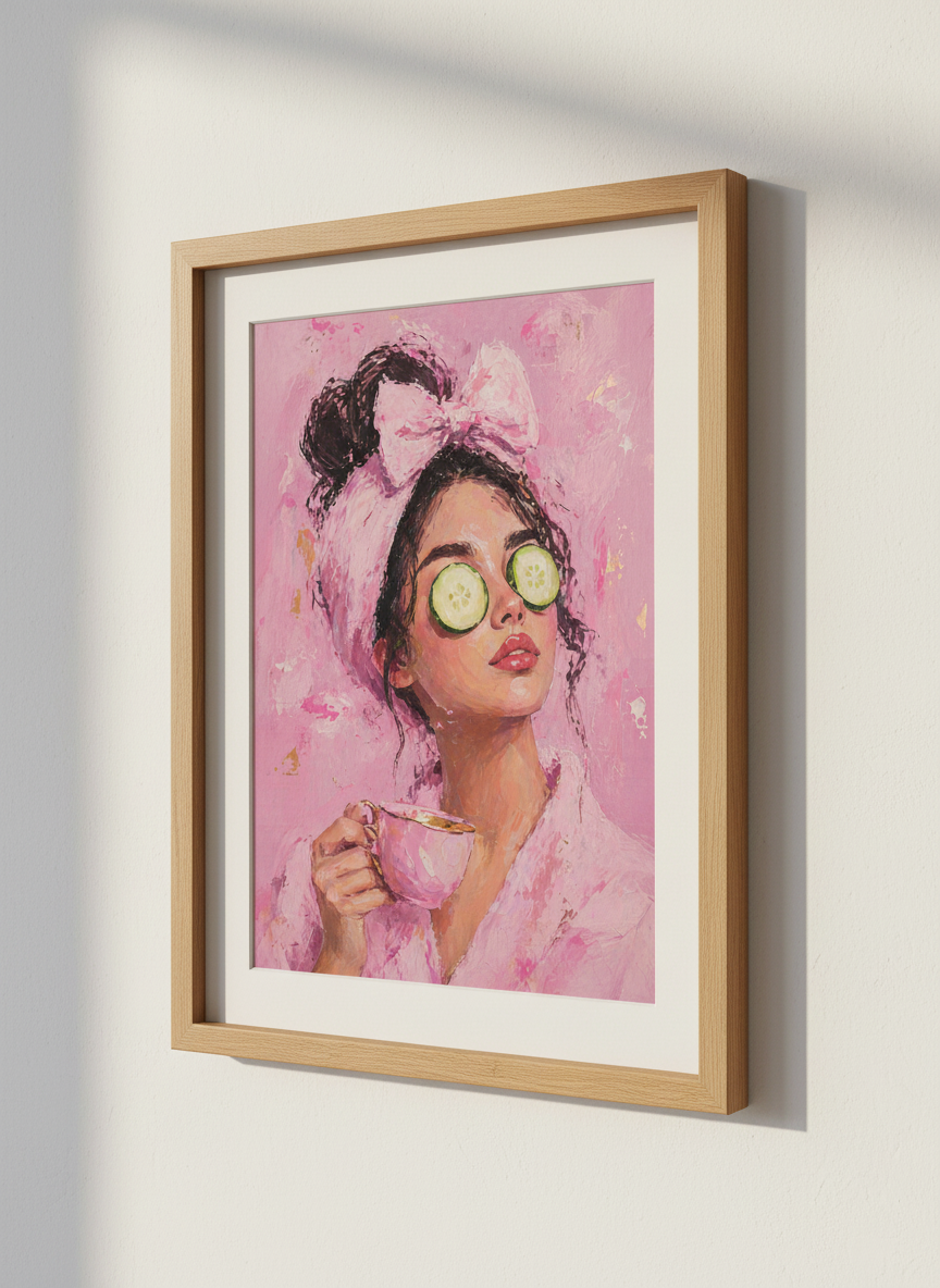 Pink Spa Girl Painting | Whimsical Coquette Portrait, Bathroom & Vanity Decor