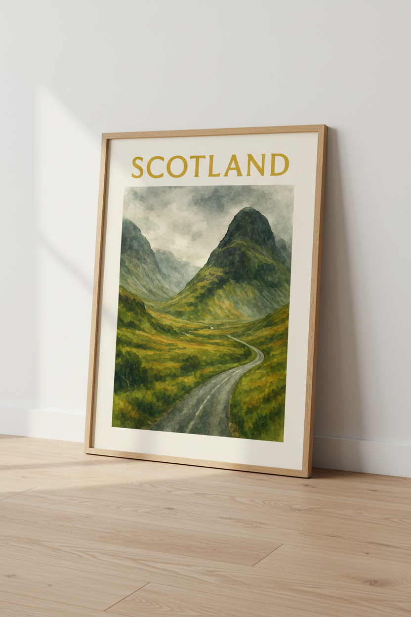 Glencoe Scotland Travel Poster - Watercolor Landscape Print, Misty Highland Wall Art, Scottish Mountain Valley Decor,A1 A2 A3 A4