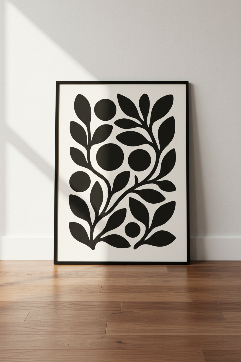 Minimalist Botanical Framed Art Print | Boho Living Room Decor | Black & White Abstract Floral Poster Ready to Hang