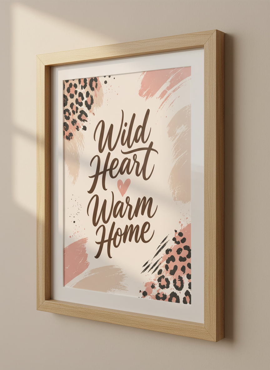 Wild Heart Warm Home Art | Leopard Print Beige Pink Minimalist Wall Decor | Boho Quotes