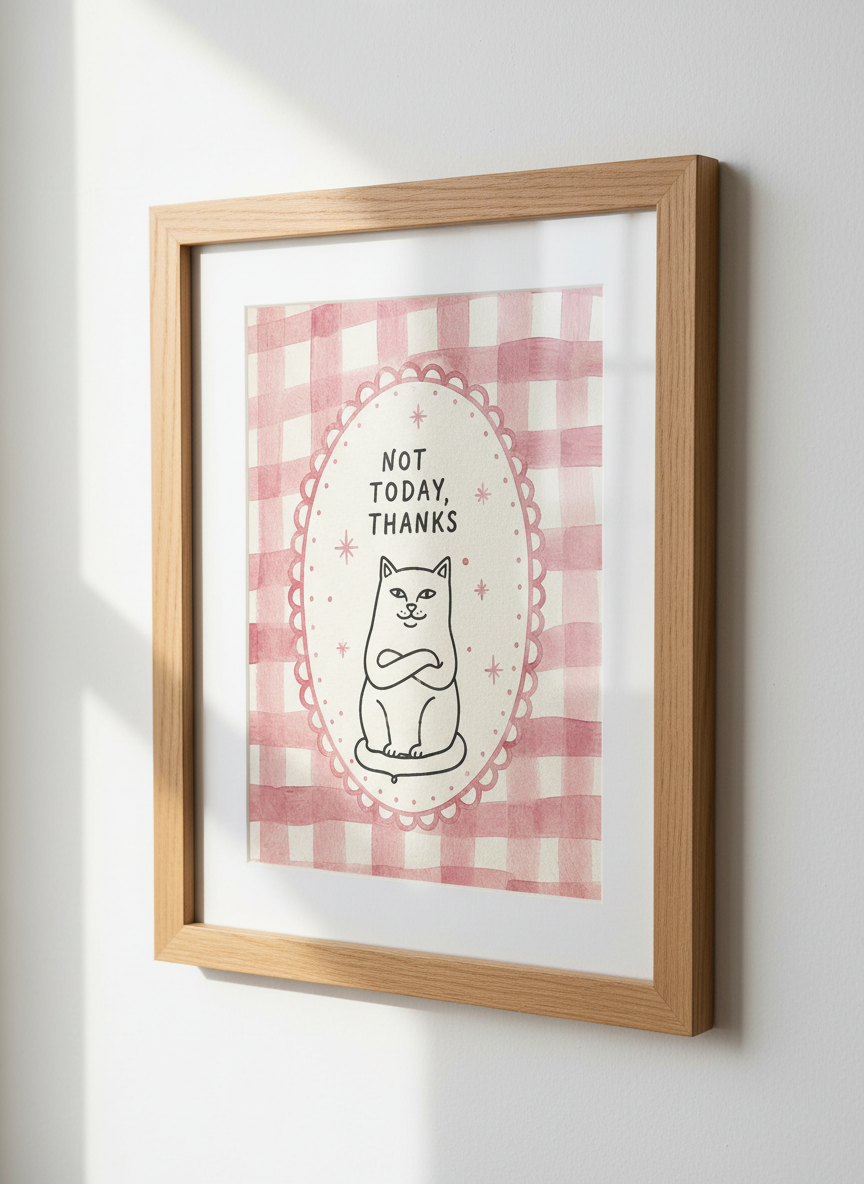 Funny Cat Art | Pink Gingham Not Today Thanks Poster, Cute Coquette Room Decor
