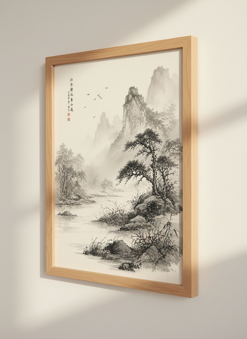 Japanese Landscape Wall Art | Ink Wash Mountain Print | Zen Home Decor Poster