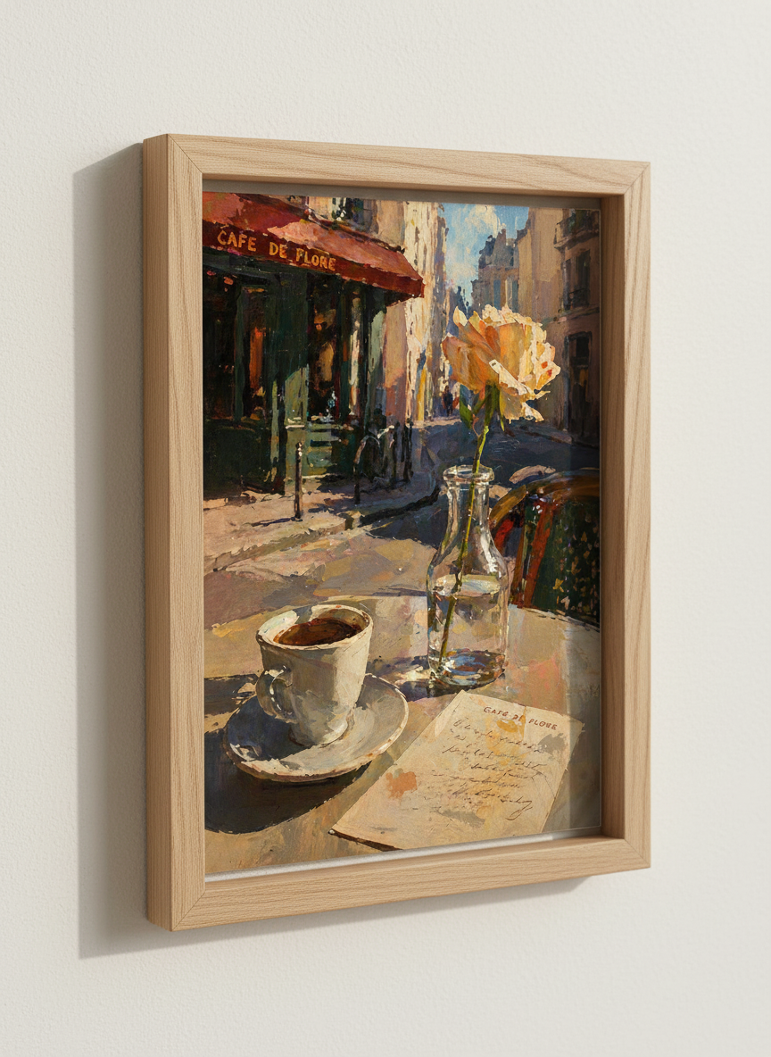 Paris Cafe Scene | Impressionist Coffee & Rose Oil Painting, Kitchen Wall Art
