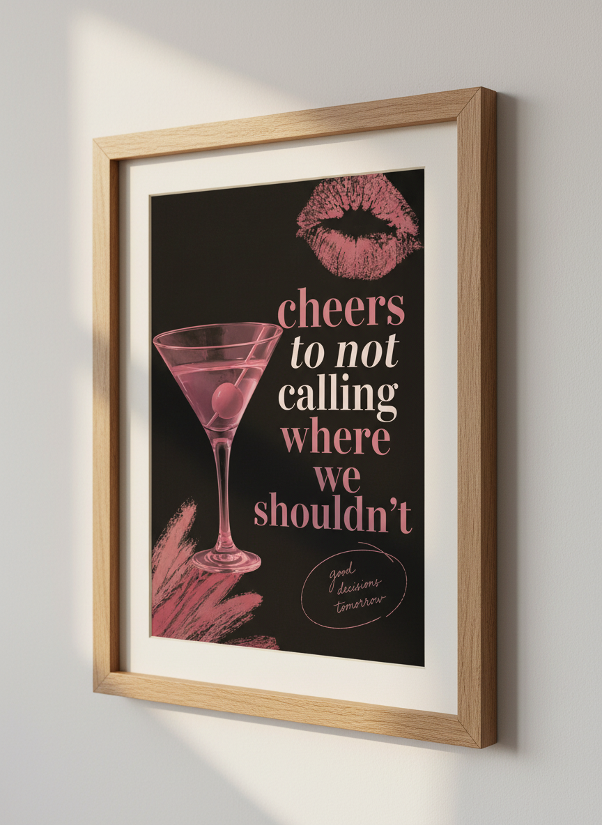 Funny Cocktail Print | Martini Quote Art, Bar Cart Decor, Pink Lips Wall Art