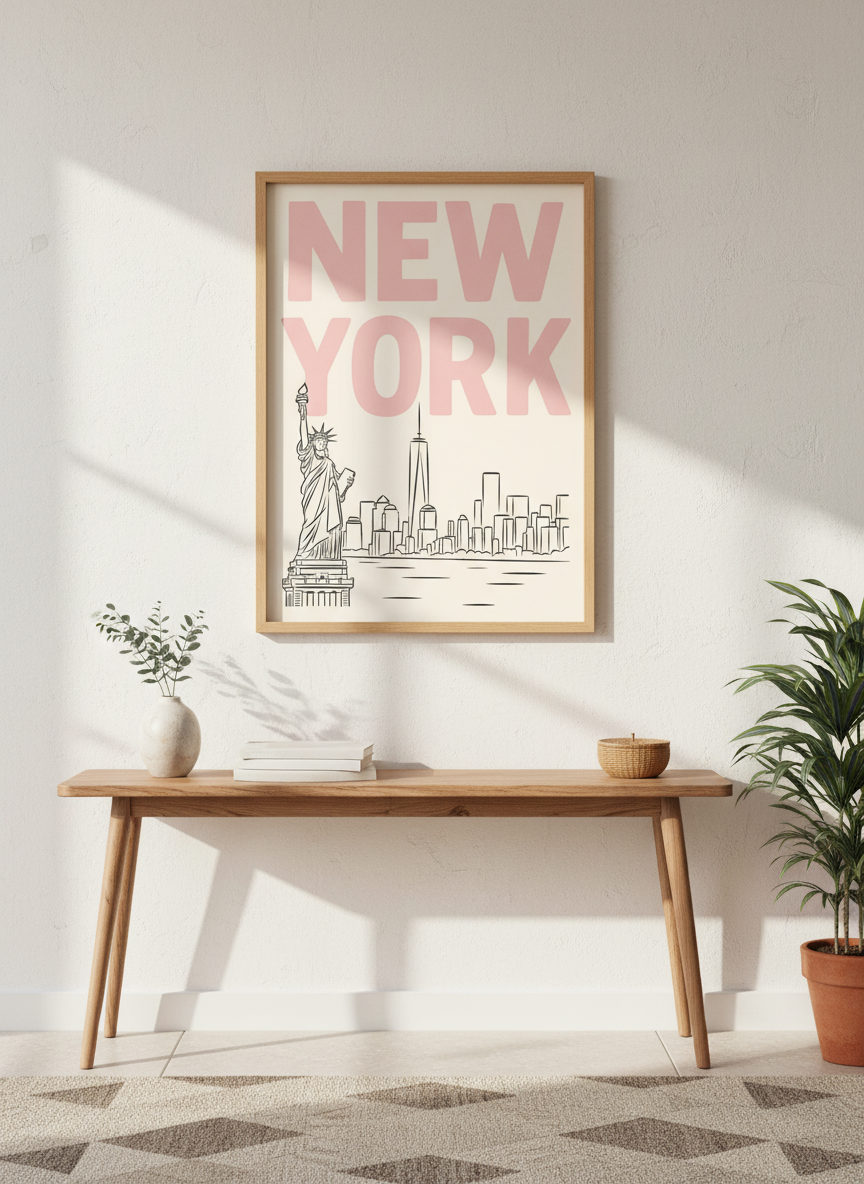 Preppy NYC Skyline Print - Pink Minimalist Wall Art for Girly Dorm - Girly Dorm Room
