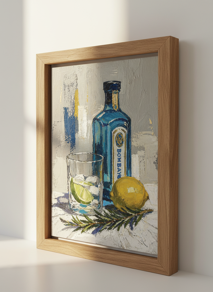 Gin Bottle Oil Painting | Blue Bar Cart Decor, Modern Kitchen Art Print