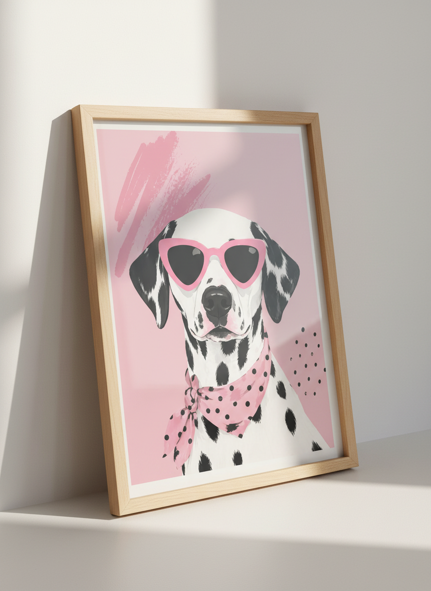 Dalmatian with Sunglasses Art | Pink Preppy Portrait, Girly Bedroom Decor Poster
