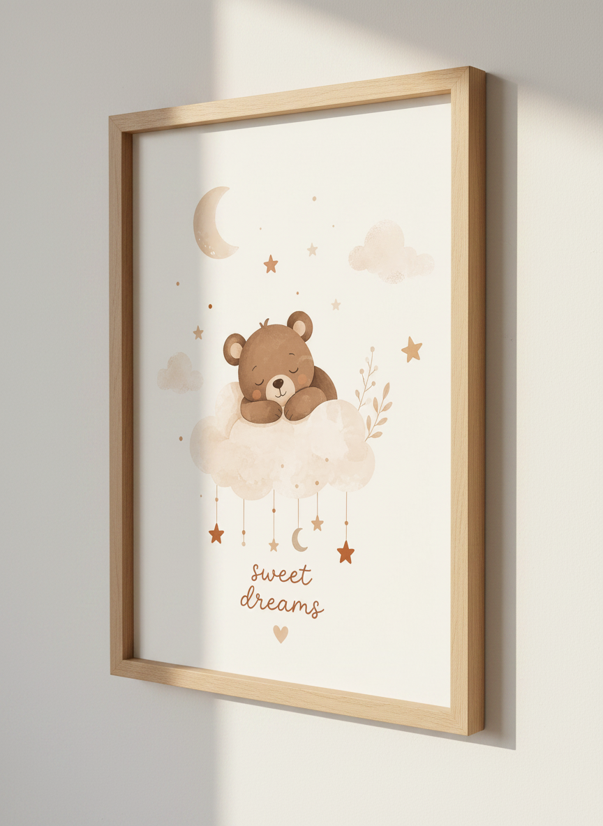 Sleeping Bear Nursery Wall Art | Boho Watercolor Poster, Sweet Dreams Baby Room Decor