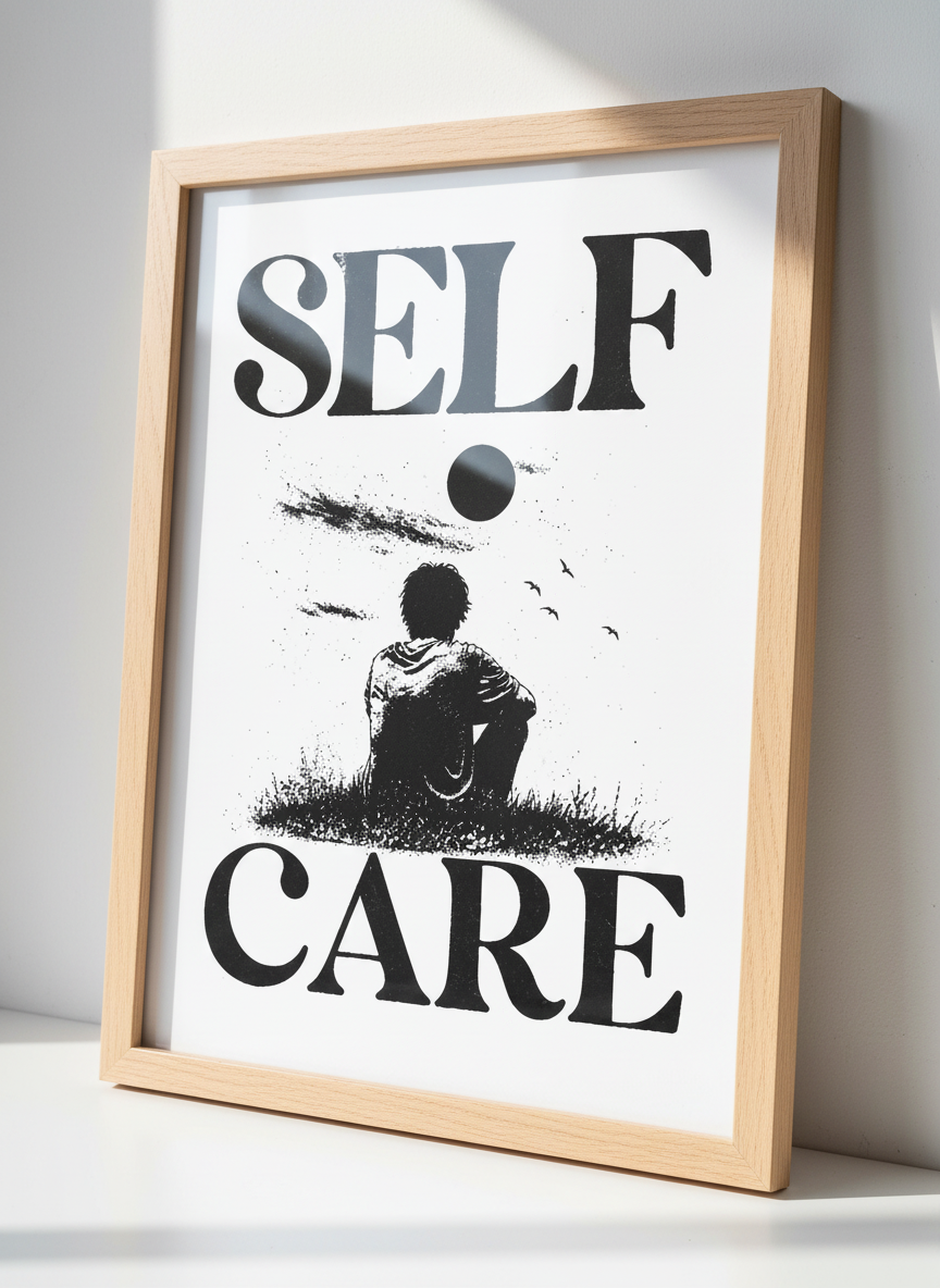 Self Care Black White Illustration Print | Minimalist Wall Art, Motivational Decor