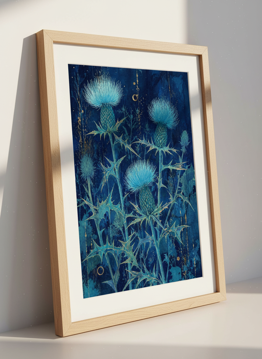 Blue Thistle Floral Wall Art | Navy & Gold Botanical Poster, Moody Bedroom Decor