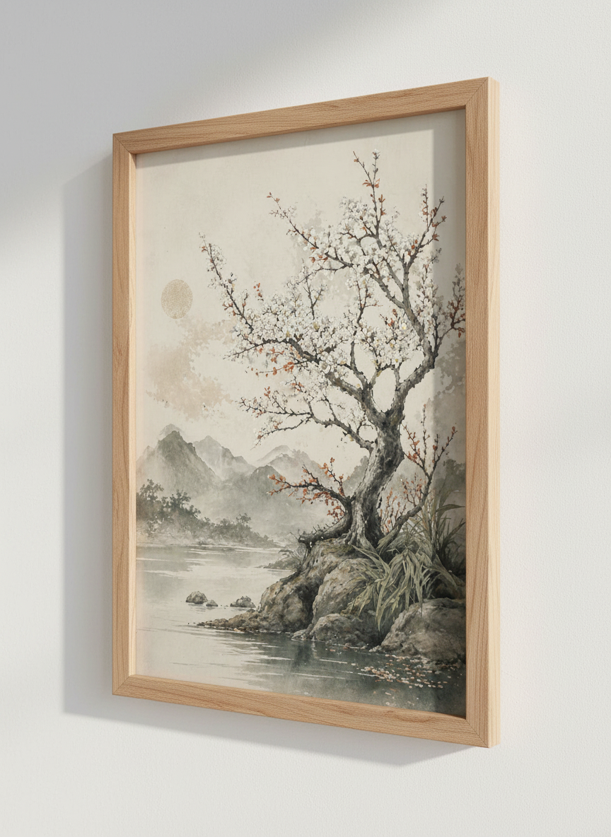 Cherry Blossom Tree Wall Art | Japanese Ink Style Landscape, Zen Living Room Decor