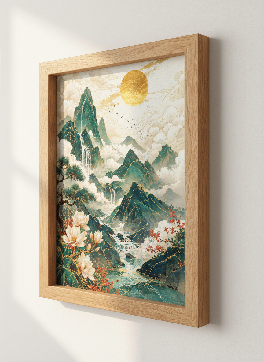 Japanese Mountain Landscape Wall Art | Gold Sun Zen Decor | Nature Poster