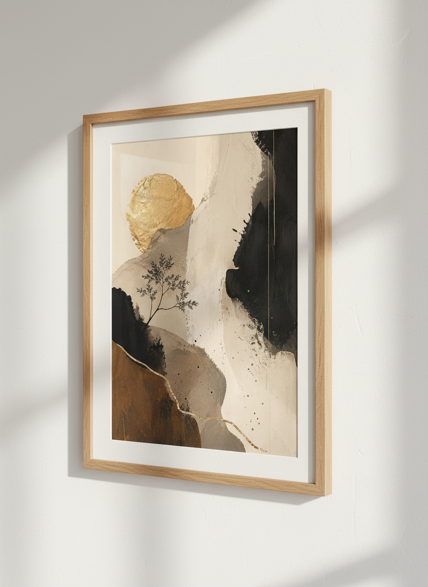 Abstract Gold Sun Landscape Wall Art | Modern Neutral Poster | Japandi Living Room Decor