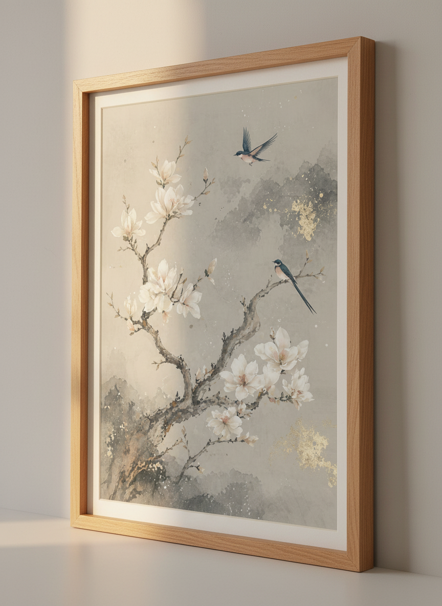 Magnolia Blossom & Bird Wall Art | Neutral Chinoiserie Print, Zen Lounge Decor
