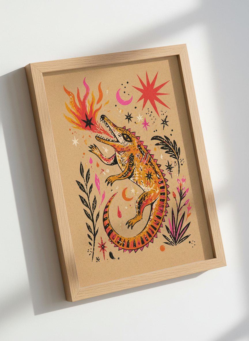 Orange Crocodile Wall Art Print | Boho Kids Room Decor | Maximalist Witchy Poster