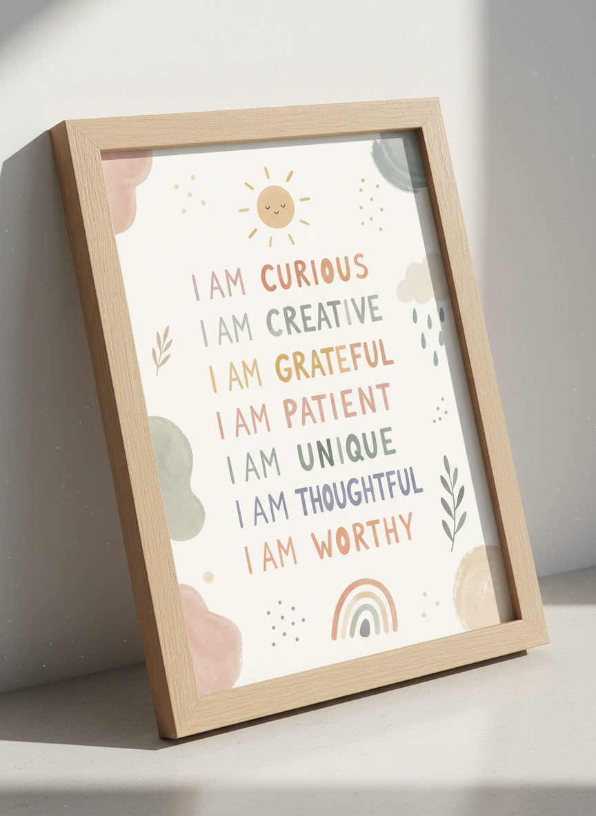 Boho Kids Affirmations Wall Art | Muted Pastel Nursery Decor | I Am Worthy Poster