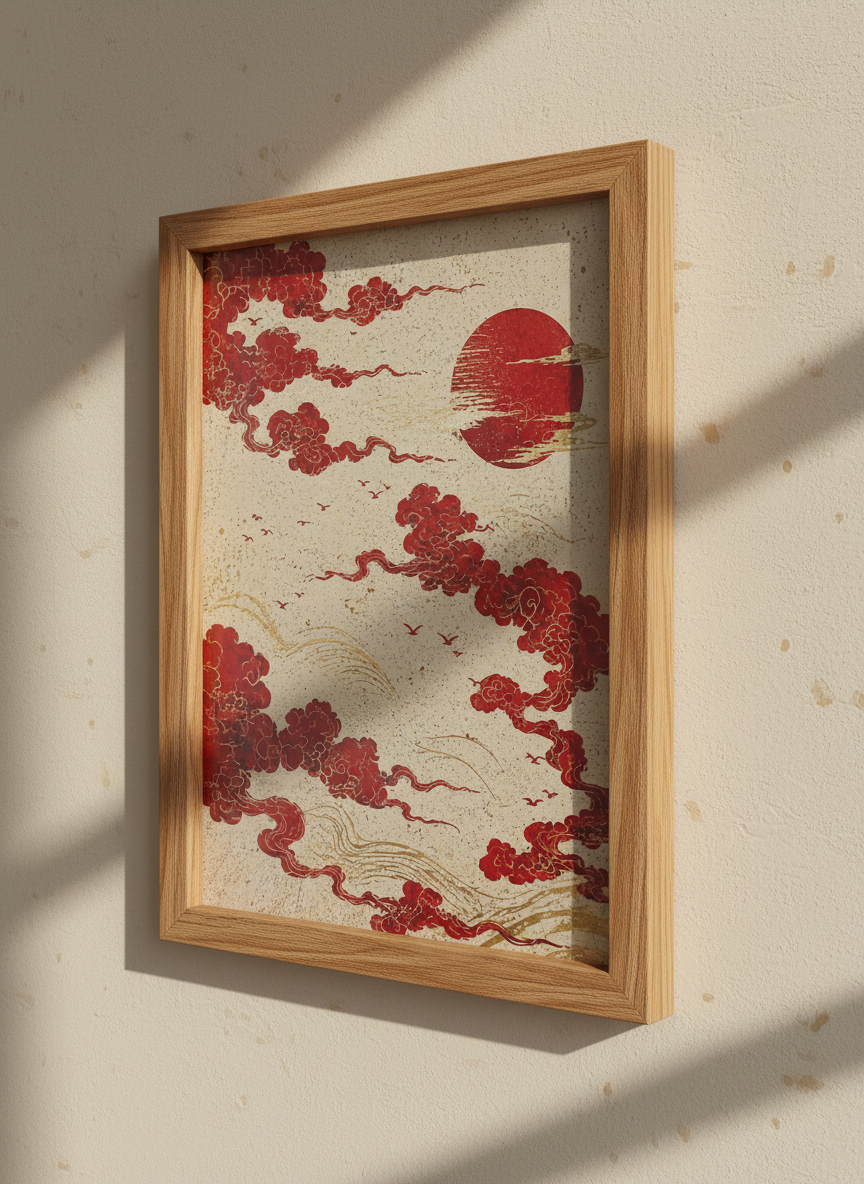 Japanese Red Sun Cloud Wall Art | Zen Living Room Decor | Red & Gold Aesthetic Poster