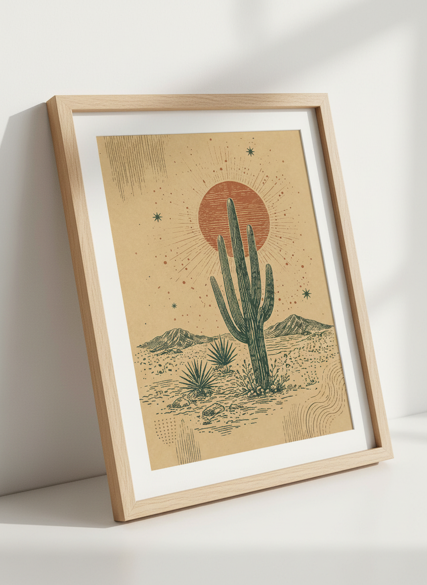 Boho Saguaro Cactus Wall Art Print | Desert Sun Landscape | Southwest Decor