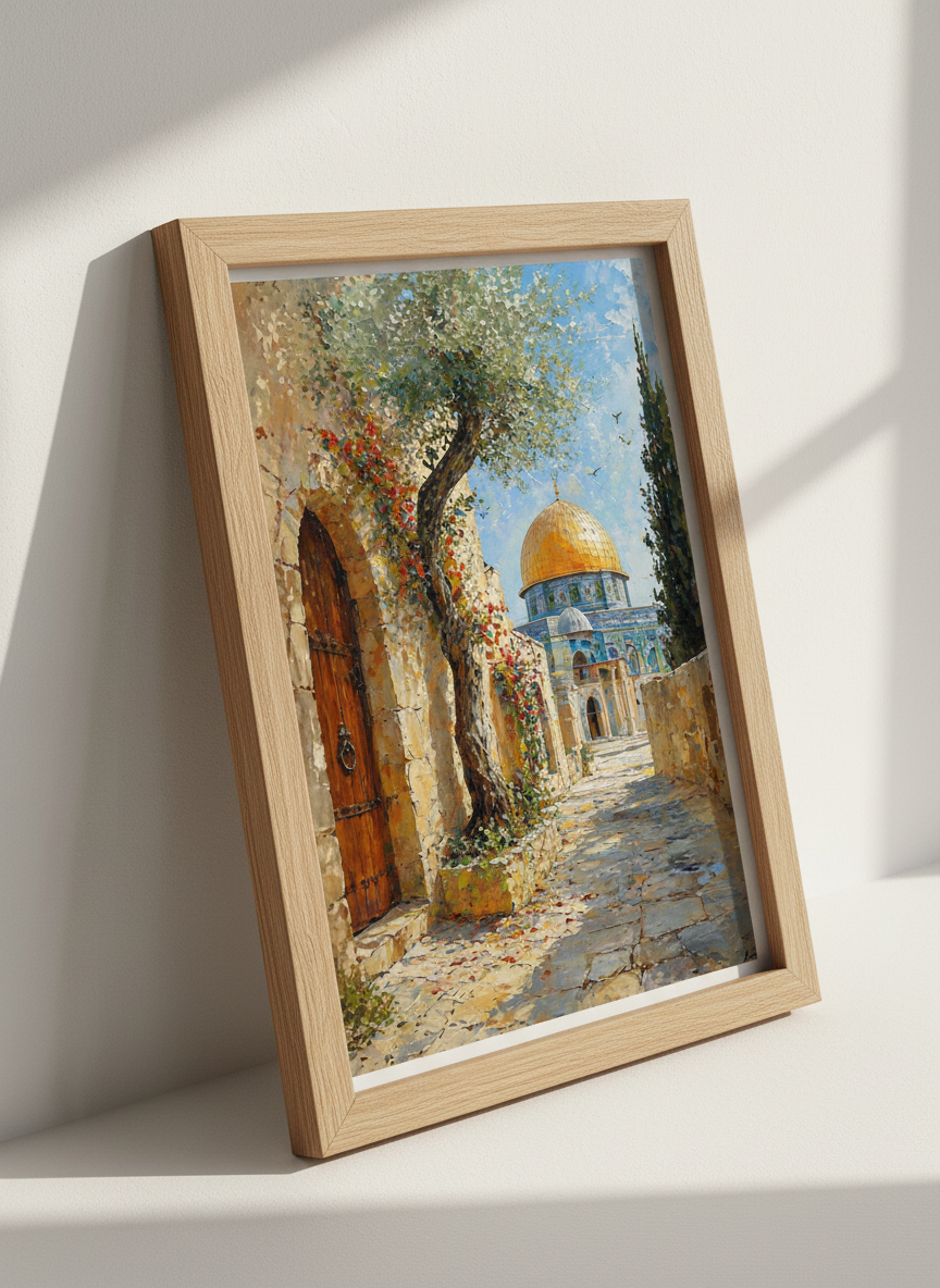 Jerusalem Dome of the Rock Wall Art | Islamic Oil Painting Decor | Gold Mosque Poster
