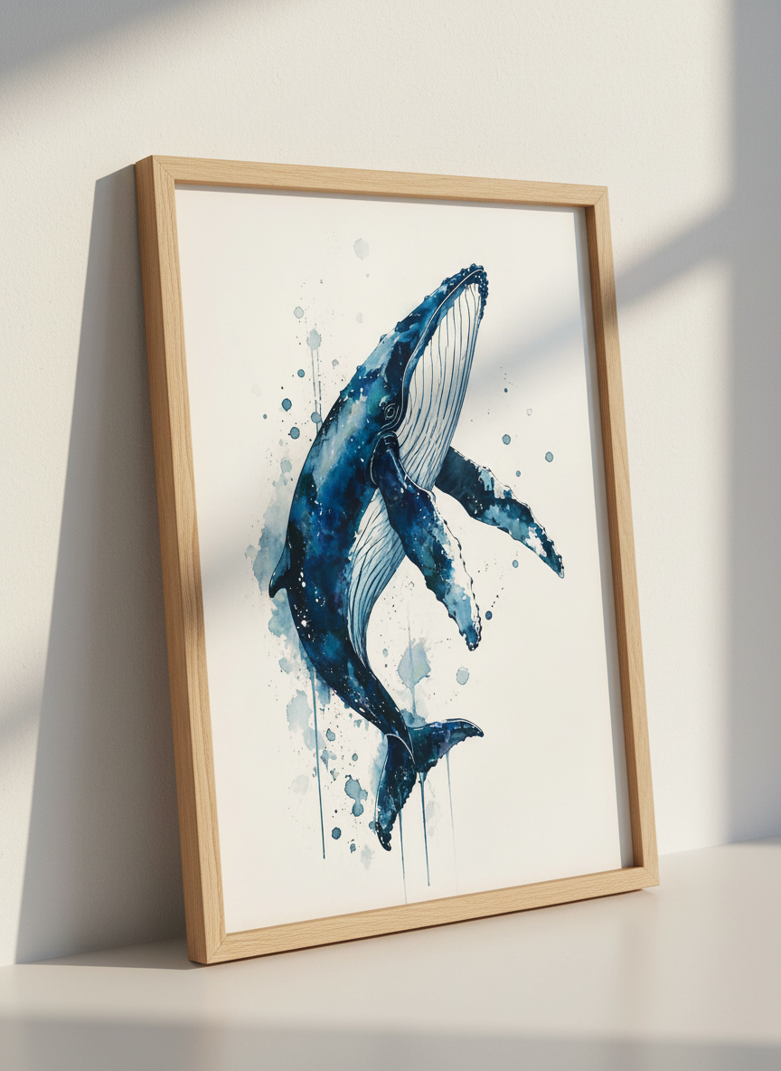 Blue Watercolor Whale Wall Art | Indigo Nautical Decor, Coastal Nursery Poster