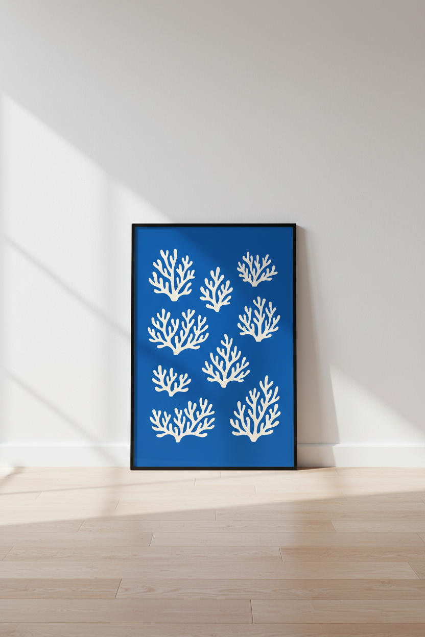 Minimalist Coral Wall Art Print | Coastal Bathroom Decor | Ocean Blue & White Aesthetic Framed Poster