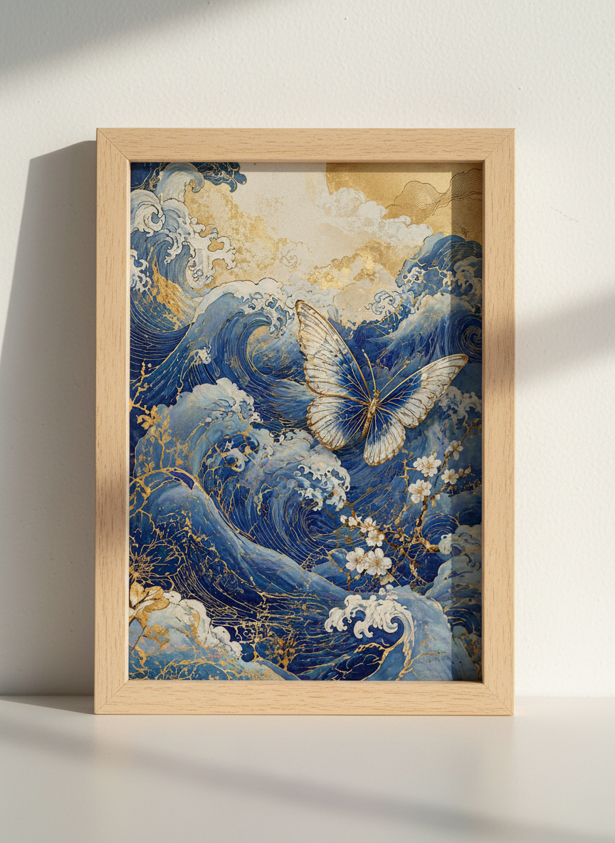 Great Wave Butterfly Wall Art Print | Blue & Gold Japanese Decor | Zen Aesthetic Poster