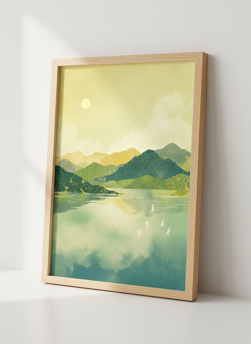 Zen Mountain Lake Scene Wall Art | Nature Landscape Home Decor | Blue Green Gold Print