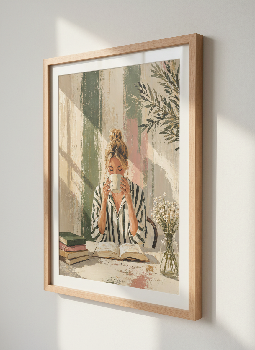Woman Reading & Coffee Art | Earthy Green Pink Canvas Print, Cozy Bedroom Decor