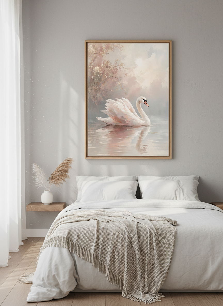 White Swan | Blush Pink & Gold Leaf Painting, Romantic Nursery & Bedroom Wall Art