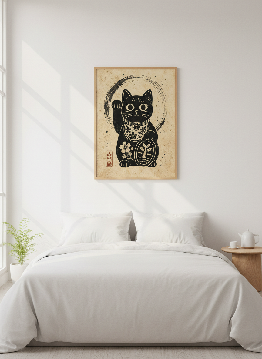 Maneki Neko Lucky Cat Art | Japanese Linocut Style, Black & Beige Zen Decor