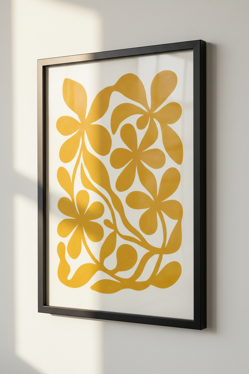 Abstract Floral Wall Art Print | Boho Bedroom Decor | Mid Century Modern Framed Poster | Botanical Gold Flower Art
