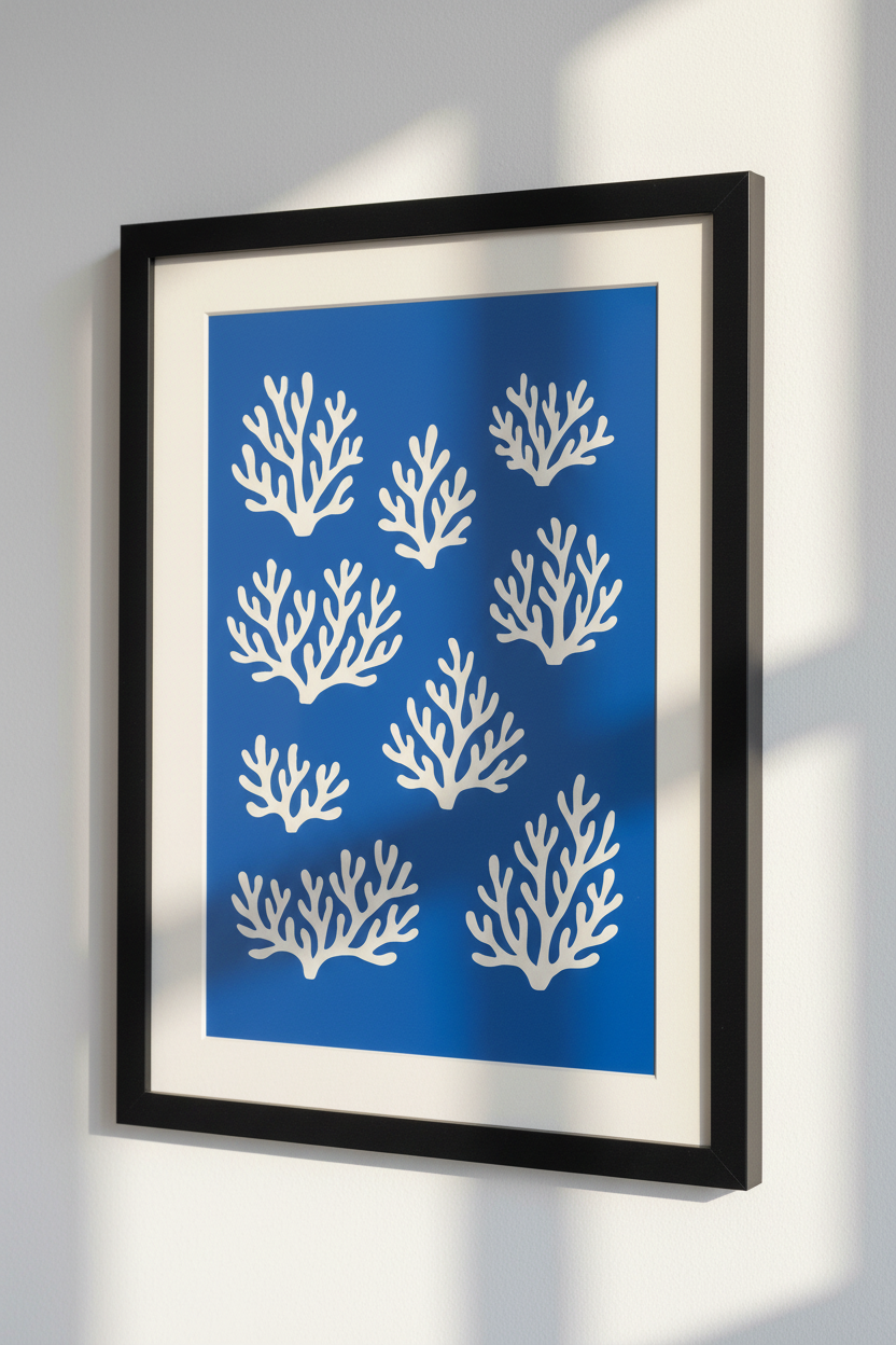 Minimalist Coral Wall Art Print | Coastal Bathroom Decor | Ocean Blue & White Aesthetic Framed Poster