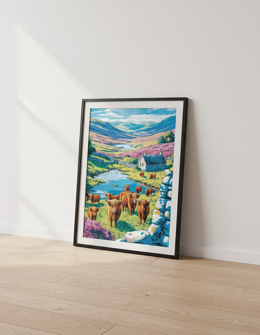 Vibrant Highland Cow Wall Art Print | Scottish Landscape Decor | Boho Farmhouse Poster | Colorful Cattle Housewarming Gift