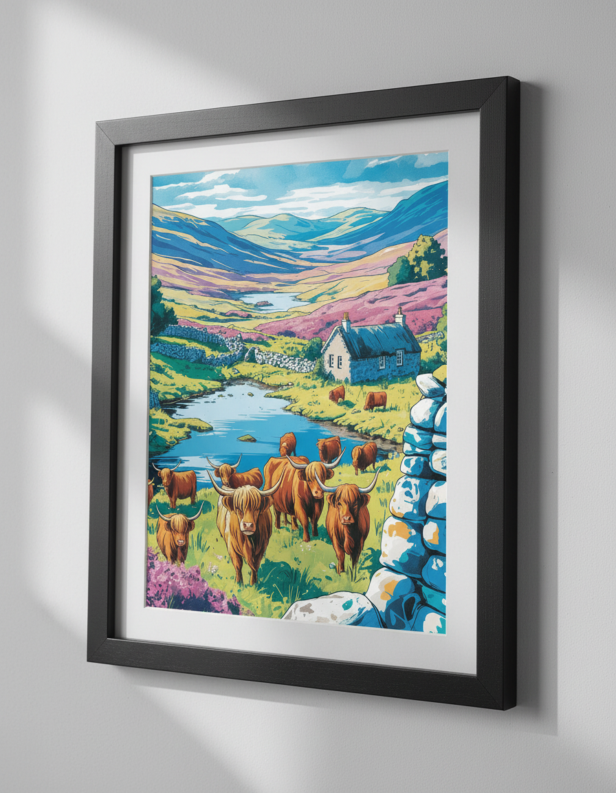 Vibrant Highland Cow Wall Art Print | Scottish Landscape Decor | Boho Farmhouse Poster | Colorful Cattle Housewarming Gift