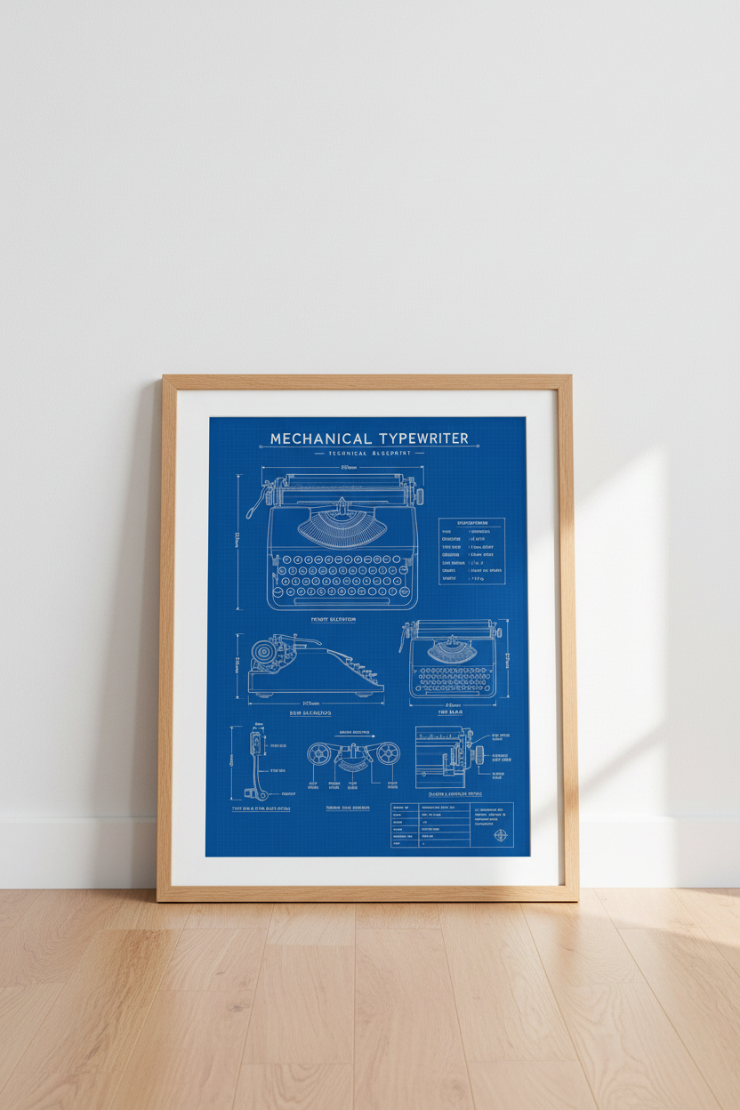 Mechanical typewriter blueprint print in white line on blue