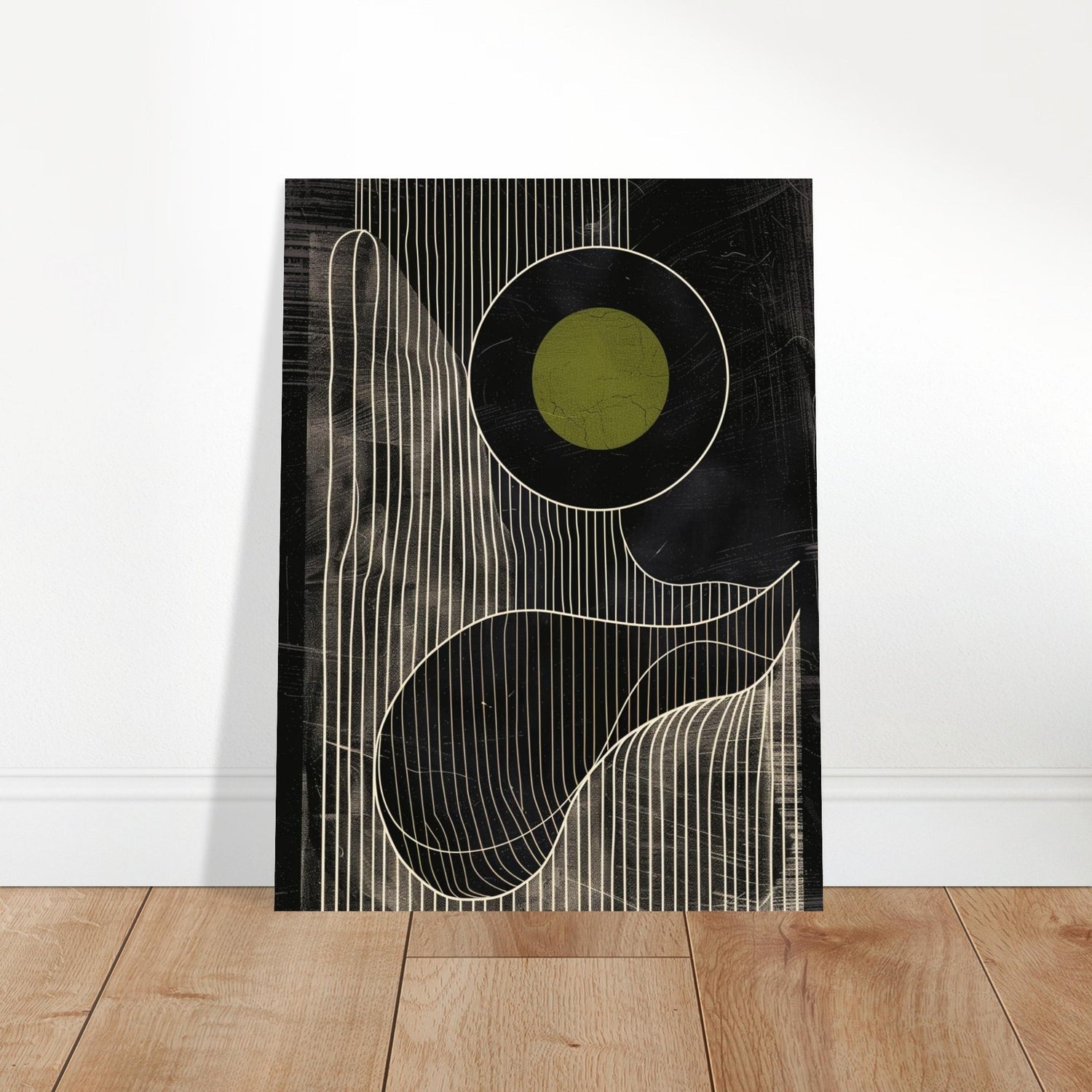 Olive Eclipse: Linear Noir Abstraction - Modern Minimalist Wall Art Print 30x40 cm 12x16″