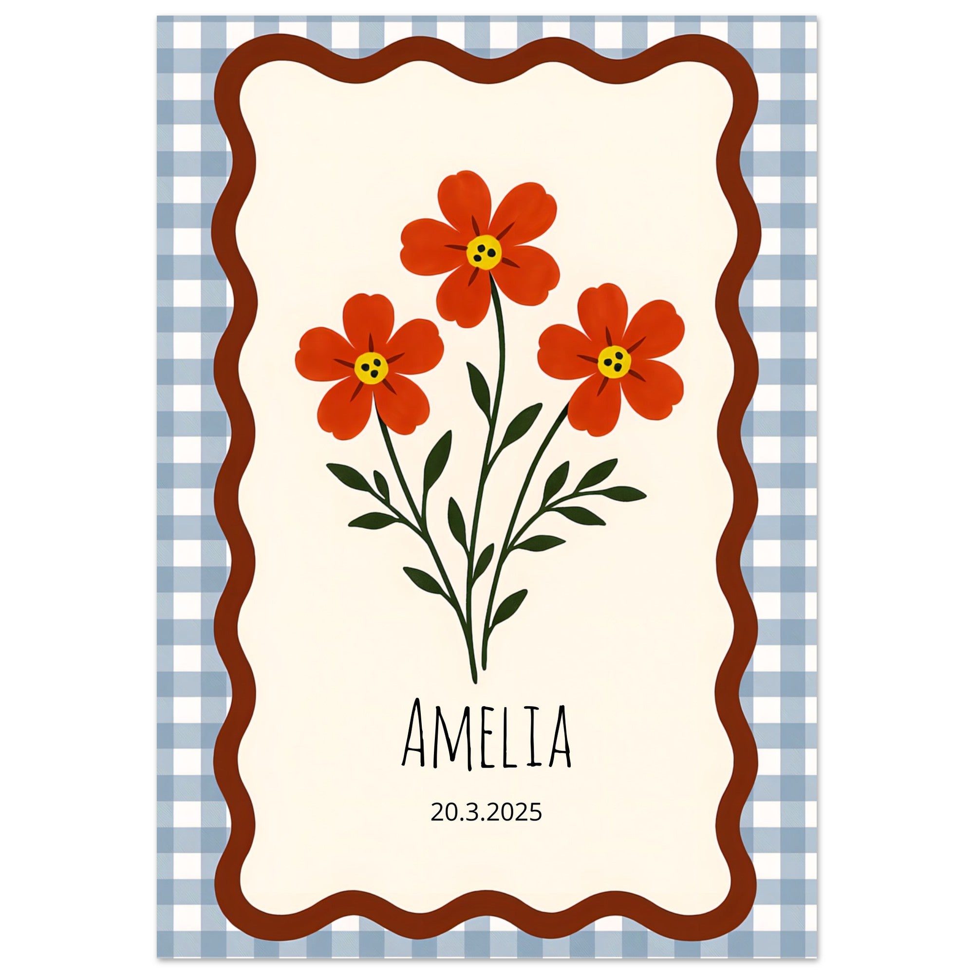 Personalized Nursery Poster – Red-Orange Floral Print, Gingham Nursery Print, Wall Art Decor 70x100 cm 28x40″