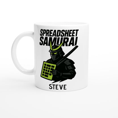 Spreadsheet Samurai Mug – Funny Office Coffee Cup | 11oz Gift for Excel Nerds, Data Analysts &amp; Accountants | Geeky Productivity Humor Ceramic White