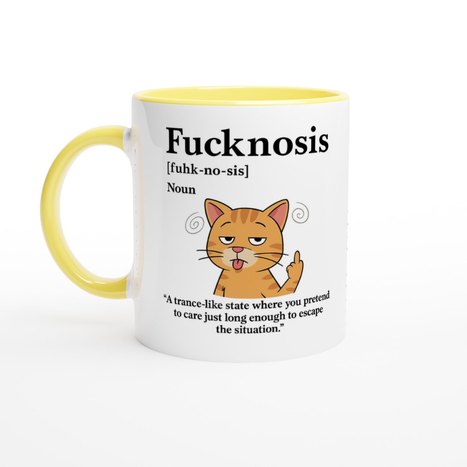 Funny F*cknosis Mug – Sarcastic Definition Coffee Cup with Dog, Cat, Bear, or Horse Design – 11oz Ceramic Humor Gift Ceramic Yellow Cat