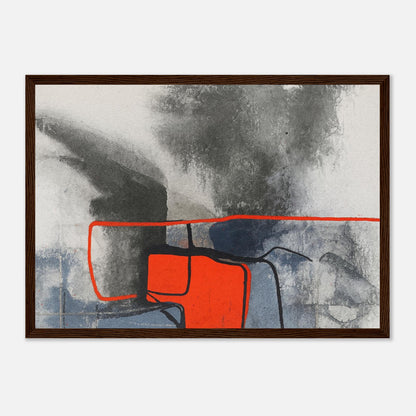 Urban Ember – Abstract Expressionist Print with Red Accents, Modern Art Poster, Moody Watercolor - Matte Wooden Framed A3 (29.7 x 42 cm) Dark wood frame