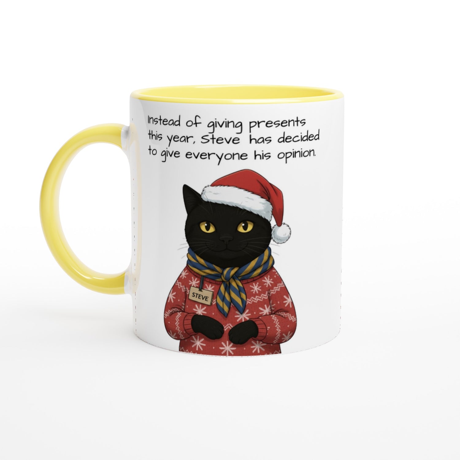 The Mysterious Steve - Vintage Black Cat Portrait Mug - Personalized Christmas Gift 11oz Ceramic Yellow