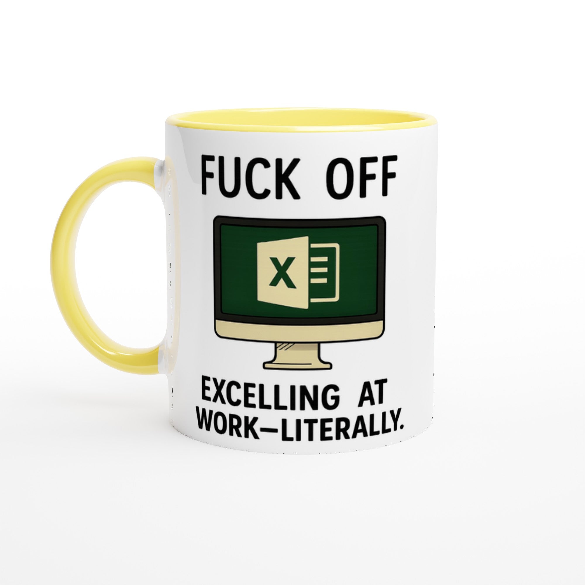 F*ck Off - Excelling at Work - Literally. Mug – Excel Spreadsheet Gift, Office Humor, 11oz, Funny Accountant, PM or Data Analyst Coffee Cup Ceramic Yellow