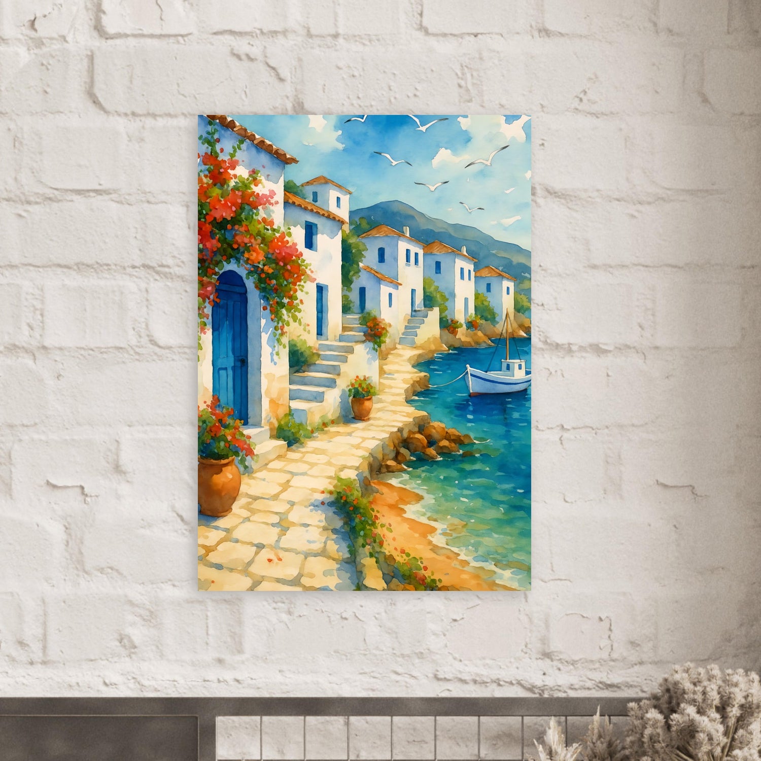 Greek Coastline Watercolor Poster | Mediterranean Seaside Art Print | Unframed Coastal Decor 70x100 cm 28x40″
